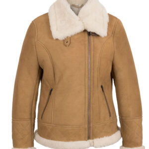 Tan Brown Women`s Shearling Leather Jacket
