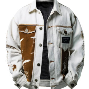 Men's Brown Denim Jacket with  Abstract Print