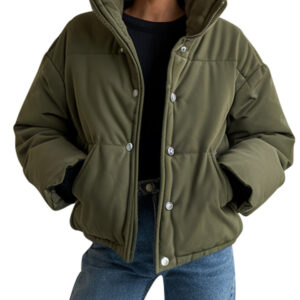 Olive Green Hooded Women`s Puffer Jacket
