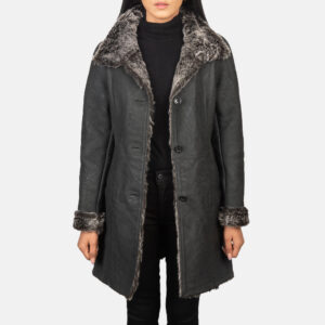 Erica Shearling Black Women`s Long Winter Leather Coat