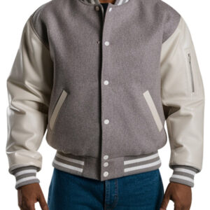 Men`s Gray Wool Varsity Jacket Featuring White Leather Sleeves