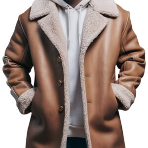 Brown Shearling-Lined Long Winter Coat for Men