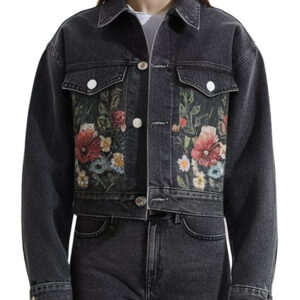 Embroidered Women`s Denim Jacket with Black Veil Detail