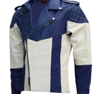 Blue and White Genuine Leather Biker Jacket
