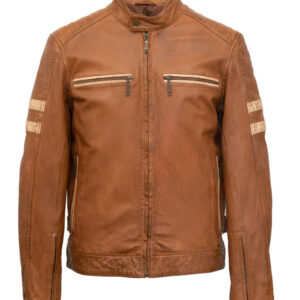 Tan Brown Striped Bomber Leather Jacket for Bikers