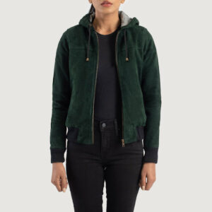 Rebella Green Hooded Suede Women`s Bomber Jacket