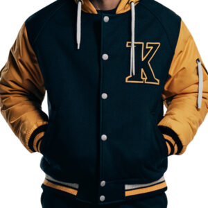 Black & Yellow Men's Varsity Jacket with Detachable Hood