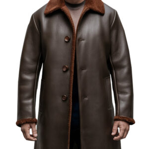Brown Shearling-Lined Leather Winter Outerwear Coat for Men