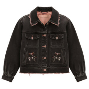 Black Women`s Denim Jacket with Vintage Frayed Collar