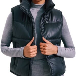 Stylish Black Women`s Leather Puffer Vest