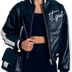 Black Leather Women's Varsity Jacket with White Stripes