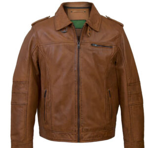 Tan Brown Bomber Leather Jacket with Hood