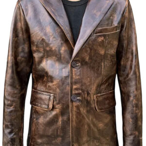 David Men`s Leather Blazer in Distressed Brown