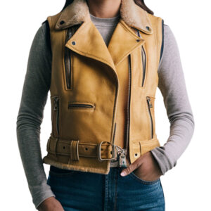 Mustard Women's Shearling Collar Leather Biker Vest
