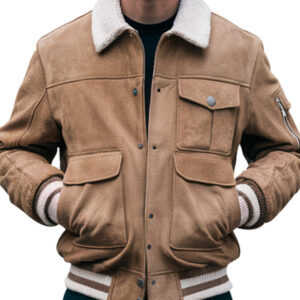 Men's Tan Suede Bomber Jacket with Sherpa-Lined Collar