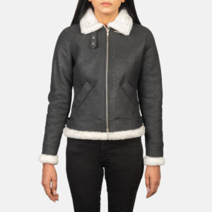 Women`s Sherilyn B-3 Black & White Leather Bomber Jacket