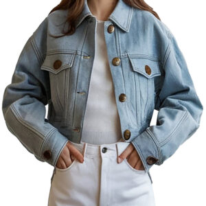 Vintage Style Women`s Denim Jacket in Light Blue - Cropped Fit