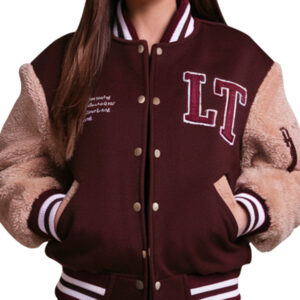 Women's Brown Varsity Jacket Featuring Teddy Bear Sleeves