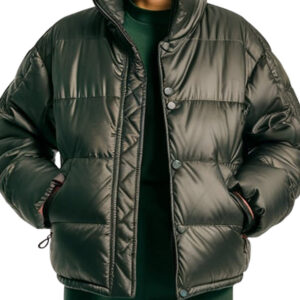 Shiny Olive Green Stylish Women`s Puffer Jacket