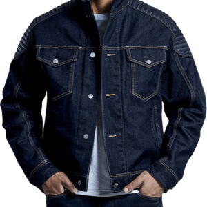 Dark Blue Men's Denim Jacket with Quilted Shoulders