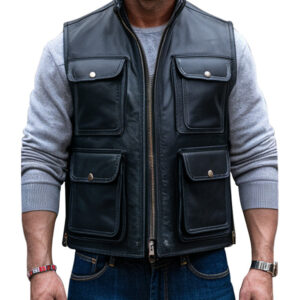 Black Leather Utility Vest for Men with Multiple Pockets