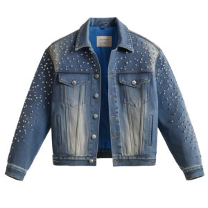 Pearl Stud Embellished Blue Women`s Denim Jacket