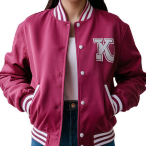 Women`s Burgundy Varsity Letterman Jacket with White Stripes