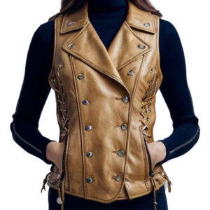 Tan Brown Women's Leather Vest Featuring Lace-Up Style