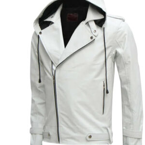 White Hooded Style Leather Biker Jacket