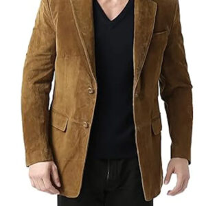 Dark Brown Suede Leather Blazer with Two Buttons