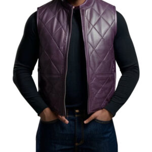 Quilted Men's Purple Leather Vest with Zipper Closure