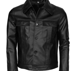 Black Genuine Leather Bomber Jacket in Trucker Style