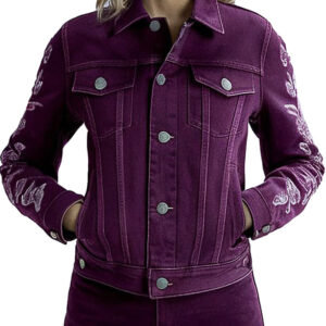 Purple Floral Embroidered Women`s Denim Jacket