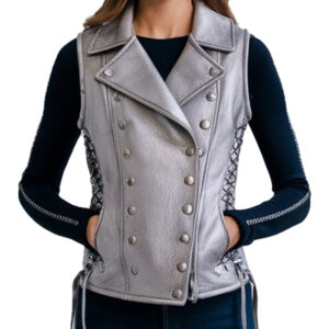 Silver Women's Leather Vest Featuring Side Lace-Up