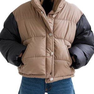 Beige and Black Contrast Women's Puffer Jacket