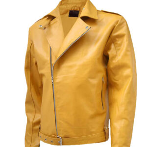 Yellow Lapel Biker Style Leather Jacket