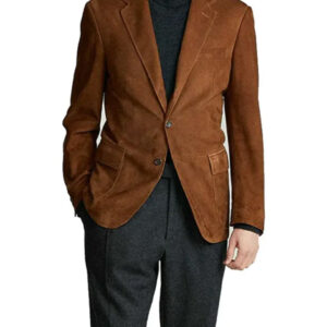 Brown Suede Leather Blazer with Two Buttons