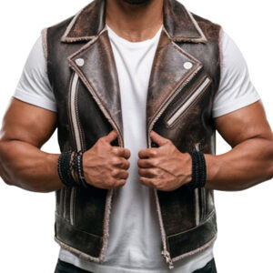 Distressed Brown Men's Leather Flare Biker Vest