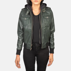 Women`s Roslyn Green Hooded Leather Bomber Jacket