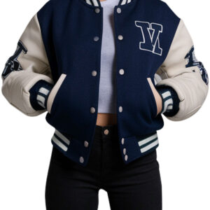 Navy Blue Varsity Jacket for Women with Bold Lettering