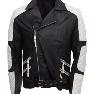 White and Black Genuine Leather Biker Jacket