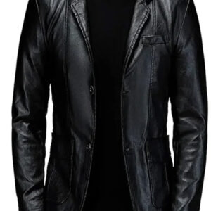 Slim- Fit Black Leather Blazer with Double Button Closure