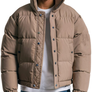Tan High-Collar Puffer Jacket for Men