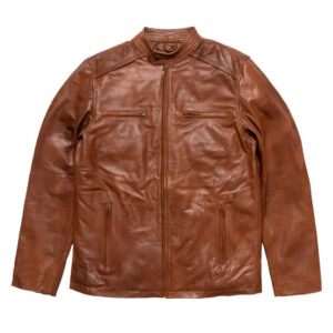 Men`s Tan Brown Biker Bomber Leather Jacket in Shirt Style