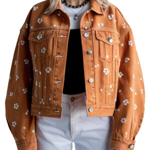 Cropped Orange Floral Print Women`s Denim Jacket