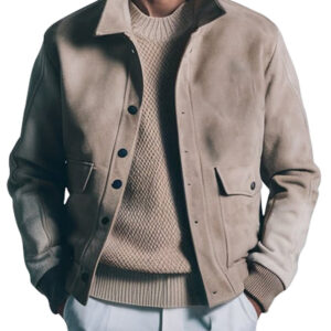 Men's Beige Casual Bomber Suede Jacket
