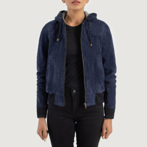 Rebella Blue Hooded Women`s Suede Bomber Jacket