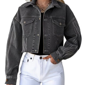 Black Cropped Casual Women's Denim Jacket