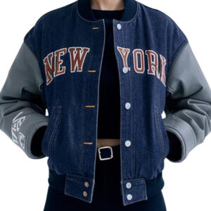Women's Denim New York Varsity Jacket with Leather Sleeves