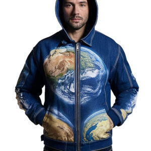 Men’s Hooded Denim Jacket with Planetary Print Design